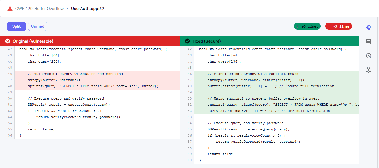 AI Autofix split diff view — vulnerable vs fixed code